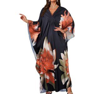 Women Orange Green Floral V-Neck Batwing Sleeves Smocked Waist Maxi Kaftan Dress
